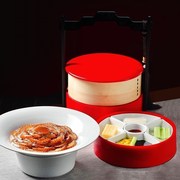 中式圆形大红三层点心，下午茶盘子火锅店餐盘，北京烤鸭食盒密胺餐具
