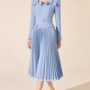 越南设计裙气质，粉蓝色蝴蝶结百褶裙，大摆长袖连衣裙30288