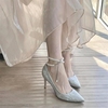 法式水晶鞋2023春秋银色婚鞋一字带串珠尖头高跟鞋女细跟单鞋