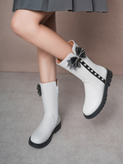 女童鞋子儿童长筒靴2024秋冬季小女孩白色单靴演出高筒靴公主皮靴
