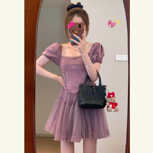 芭蕾风紫色短袖连衣裙女夏季甜辣风小个子，公主裙收腰显瘦蓬蓬裙子
