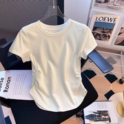 白色短袖t恤女夏季2024韩版设计感小众褶皱收腰显瘦正肩上衣