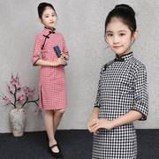 女童中袖旗袍2020春格子短款儿童唐装中国风童装连衣裙