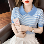 夏季韩版条纹娃娃领短袖冰丝针织衫女薄款别致小个子减龄上衣