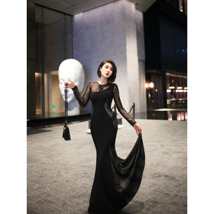 xulu原创纯色水晶麻纱，拼蕾丝高级感气质，优雅复古圆领长袖连衣裙