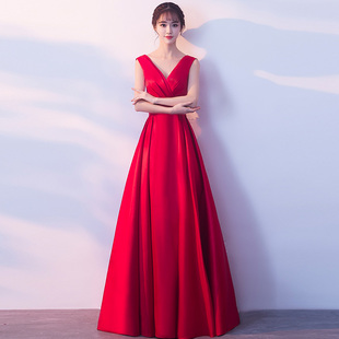 红色晚礼服裙平时可穿V领高端合唱演出服无袖长款连衣裙新娘优雅