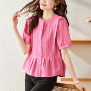 粉紫色衬衫女短袖夏装，圆领小个子上衣，纯棉休闲衬衣