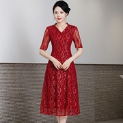 2024春季蕾丝旗袍时尚复古改良连衣裙喜婆婆妈妈装中长款红色