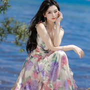 繁花仙子法式复古吊带重工春夏海边度假高端精致仙女碎花连衣长裙