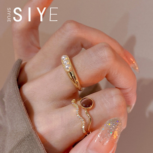 siyue法式复古宫廷猫眼石戒指，女时尚个性，锆石双层小众开口戒