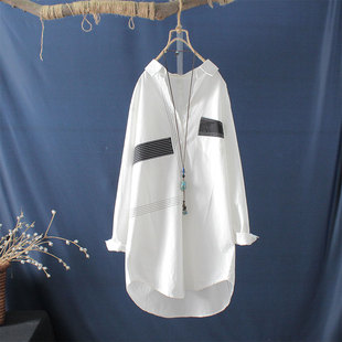 直筒显瘦纯棉白色刺绣，长袖衬衣女士上衣打底衫，秋装中长款衬衫