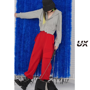 ux秋季红色工装裤女中长款宽松显瘦松紧腰，运动时尚长裤