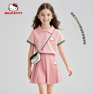 HelloKitty女童运动套装夏季2025新款粉色儿童短袖裤裙夏装两件套