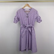 夏季女士a字裙V领紫色条纹温柔气质淑女短袖收腰连衣裙EEOW925W2M