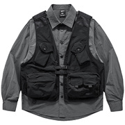 假两件长袖衬衫外套男山系机能夹克多口袋马甲拼接设计感衬衣