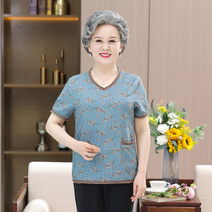 中老年女妈妈装夏季短袖薄款t恤女老人棉麻，上衣太太奶奶夏装套装