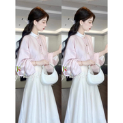 新中式国风套装2023秋季粉色衬衫高腰半身裙子穿搭两件套女装