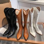 网格镂空靴子女夏季长靴，2024尖头女靴中跟粗跟透气高筒真皮棕