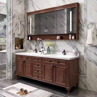 大户型岩板美式双人盆浴室柜组合实木橡木洗手洗脸盆卫生间洗漱台