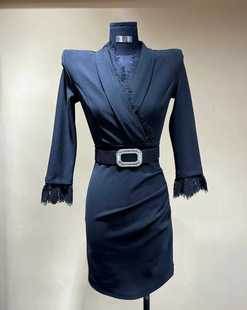 LUO高级感轻奢蕾丝拼接洋气连衣裙设计感OL气质交叉v领显瘦包臀裙