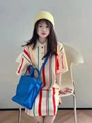 波拉韩国童装女童连衣裙，春夏彩虹条纹，长款短袖t恤儿童polo衫