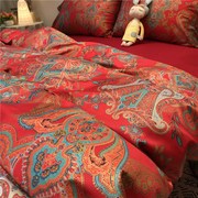 新中式结婚60支长绒棉贡缎四件套床上用品婚庆大红色被套双人婚礼