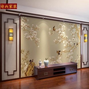 8新中式花鸟电视背景墙壁纸，5立体客厅，卧室素雅壁画无缝影视墙布