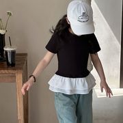 韩系女童雪纺拼接短袖t恤黑白上衣小童夏装，天丝牛仔阔腿裤套装