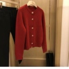 贺年装100%纯羊毛，加厚圆领红色羊绒开衫针织，外套毛衣dymx方钻扣