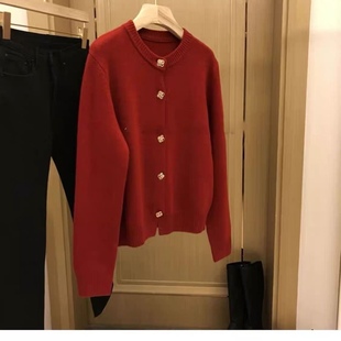 贺年装100%纯羊毛加厚圆领，红色羊绒开衫，针织外套毛衣dymx方钻扣