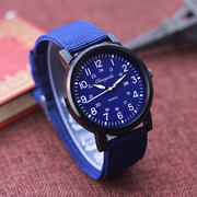 时尚男士户外运动帆布，手表中学生石英防水日历大表盘蓝色腕表