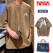 NASA麂皮绒重磅短袖t恤美式复古半截袖oversize街七分袖衣服