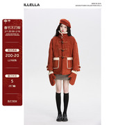 illella牛角扣立领毛呢，外套冬季女加厚保暖百搭红色口袋开衫上衣