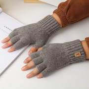 男士半指手套冬季加厚韩版潮针织羊驼绒手套学生，写字办公保暖手套