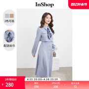 商场同款INSHOP法式气质连衣裙女单排扣优雅知性丝巾长裙