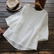 棉麻短袖t恤女夏季2024年宽松大码胖mm显瘦刺绣，白色半袖上衣
