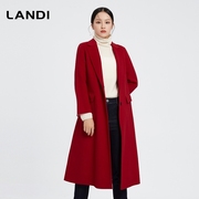 landi冬季红色中长款毛呢，大衣女长袖气质羊毛呢子外套
