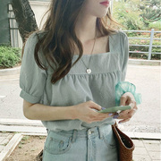 夏季女装韩版批发清新洋气，宽松套头衬衣学生，短袖方领格子衬衫