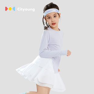 cityoung云朵儿童网球服白色运动夏装速干半身短裙女童网球裙套装