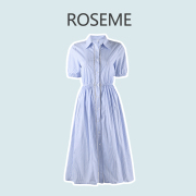 roseme气质衬衫领中长裙，2023夏季蕾丝拼接缪风蓝白条纹连衣裙