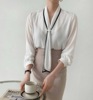 气质拼色白色衬衫女飘带衬衣职业通勤长袖上衣百搭雪纺衫韩国
