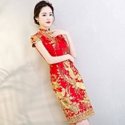 中式旗袍包臀短款夏季蕾丝走秀礼服，结婚敬酒服小礼服改良小个