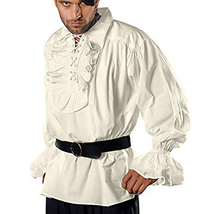 欧美复古中世纪宫廷风蓬蓬袖，上衣舞台话剧，表演服纯色绑带衬衫男