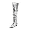 欧美银色褶皱时装靴子2023年欧美尖头平底一脚蹬套筒及膝靴女