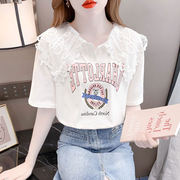 韩国白色短袖T恤女夏季设计B感小众娃娃领洋气印花小个子上衣
