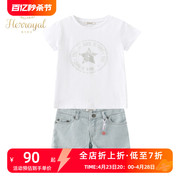 HERROYAL夏季女童短袖T恤白色纯棉洋气上衣牛仔短裤亲子装母女