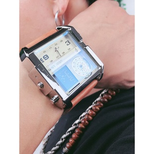 手表男士韩版方形运动酷超大表盘潮流，三机芯时尚防水石英腕表
