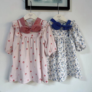 韩国童装24夏新女童清新蓝超薄舒适碎花，七分袖可爱发带连衣裙子