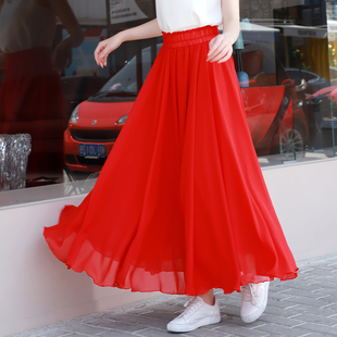 雪纺裙子女夏季半身裙小个子红色半裙仙女广场舞下半身长裙舞蹈裙