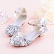 女童皮鞋高跟2024秋季水钻蝴蝶结小公主模特，表演水晶单鞋亮片银色